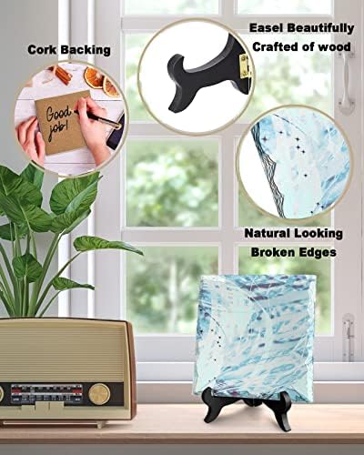 Abstract Blue Paint Ceramic Desk Sign with Wooden Stand