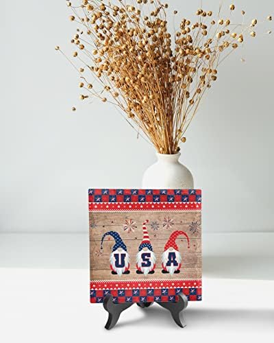 Independence Day USA Gnome Ceramic Desk Plaque with Wooden Stand