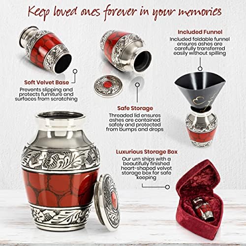 Small Keepsake Cremation Urn with Velvet Heart Case and Funnel - Deep Red Brass Hand Engraved Mini Memorial Urn