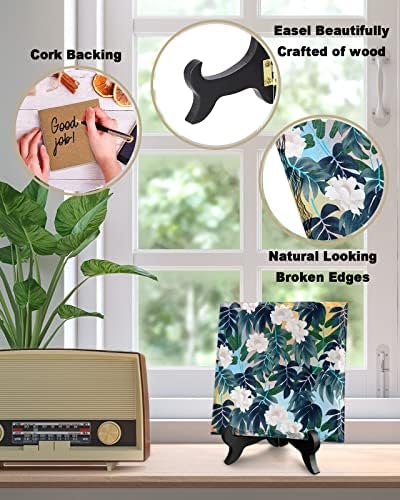 Colorful Leaf Design Desk Decor Ceramics Plaque with Wooden Stand