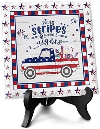 USA Flag Desk Decorative Ceramic Plaque with Wooden Stand