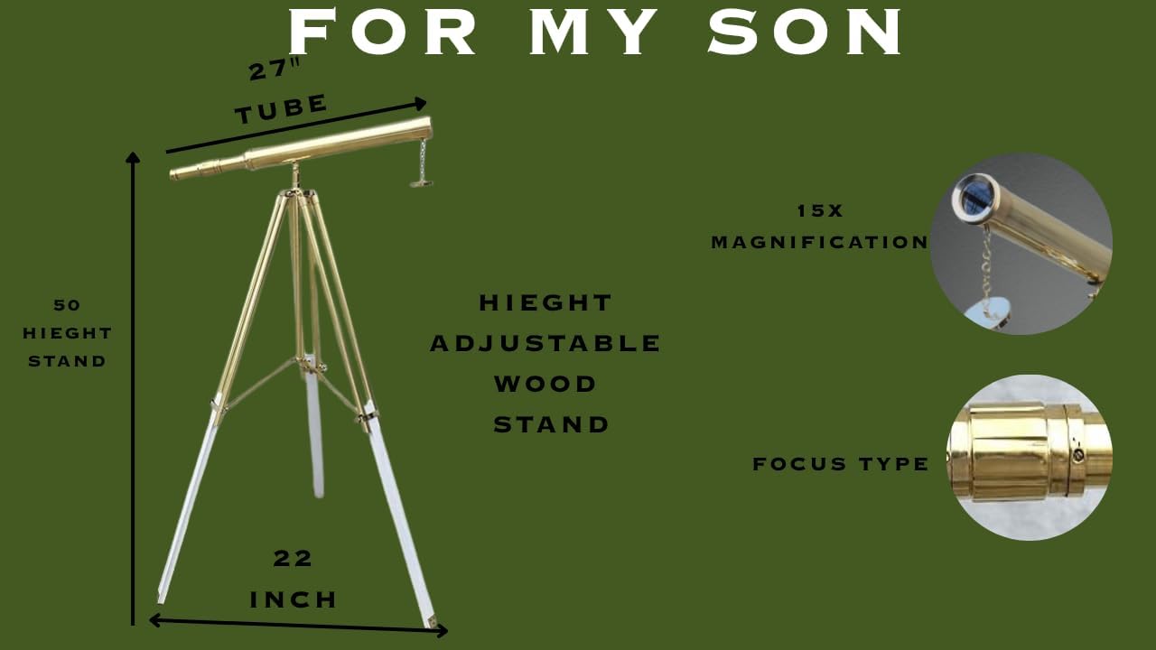 Single Barrel Brass Telescope with Floor Standing Tripod Nautical Decor 27