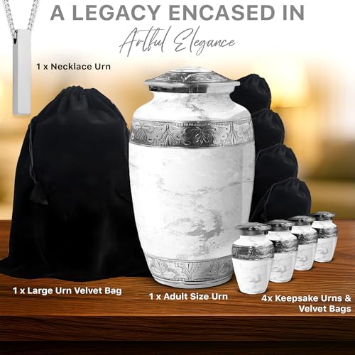 White Marble Cremation Urn Set of 7 with Keepsakes and Necklace Urns