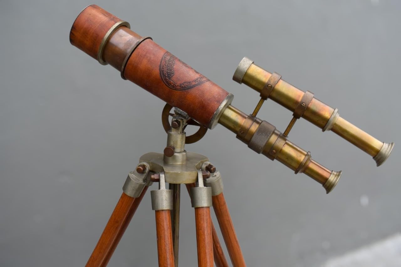 Globle Antique Craft Vintage Brass Binocular Telescope with Wooden Tripod Stand