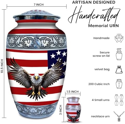 Set of 6 Decorative Urns for Ashes with American Flag and Eagle Decor