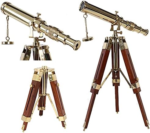 Vintage Marine Shiny Brass Telescope with Brown Wooden Tripod Stand