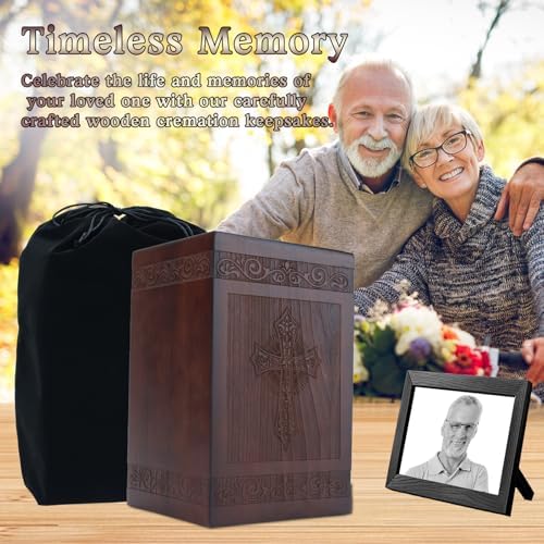 Wooden Carved Cross Cremation Urn with Velvet Bag