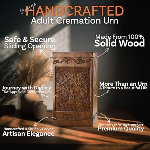 INTAJ Handcarved Wooden Cremation Urn - Tree of Life Design 250 lbs Capacity