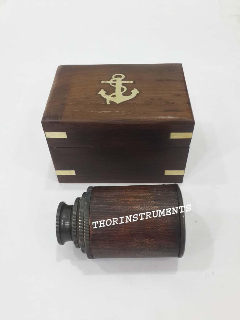 Vintage Nautical Folding Telescope with Brown Wooden Box