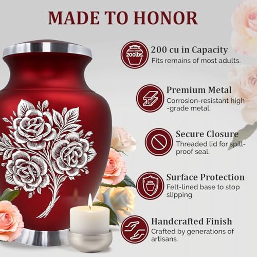 Red Rose Cremation Urn - Handcrafted for Adult Human Ashes