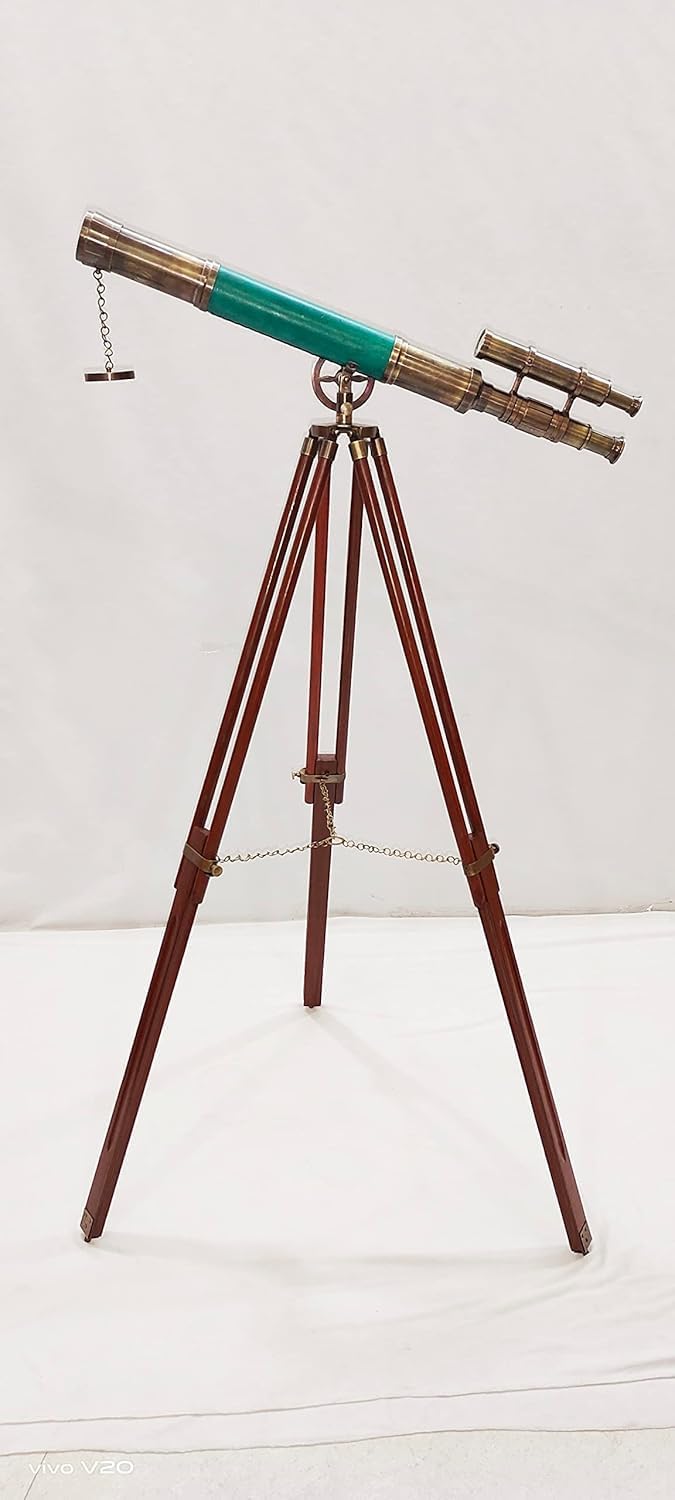 Vintage Brass Telescope with Wooden Base and Green Leather