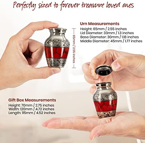 Small Keepsake Cremation Urn with Velvet Heart Case and Funnel - Deep Red Brass Hand Engraved Mini Memorial Urn