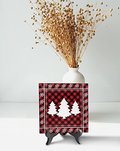 Wooden Stand Ceramic Desk Plaque with Christmas Tree Design