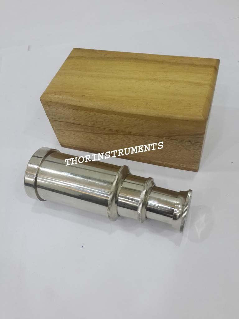 Nautical Handcrafted Chrome Spyglass Telescope Wood Box Vintage Decor