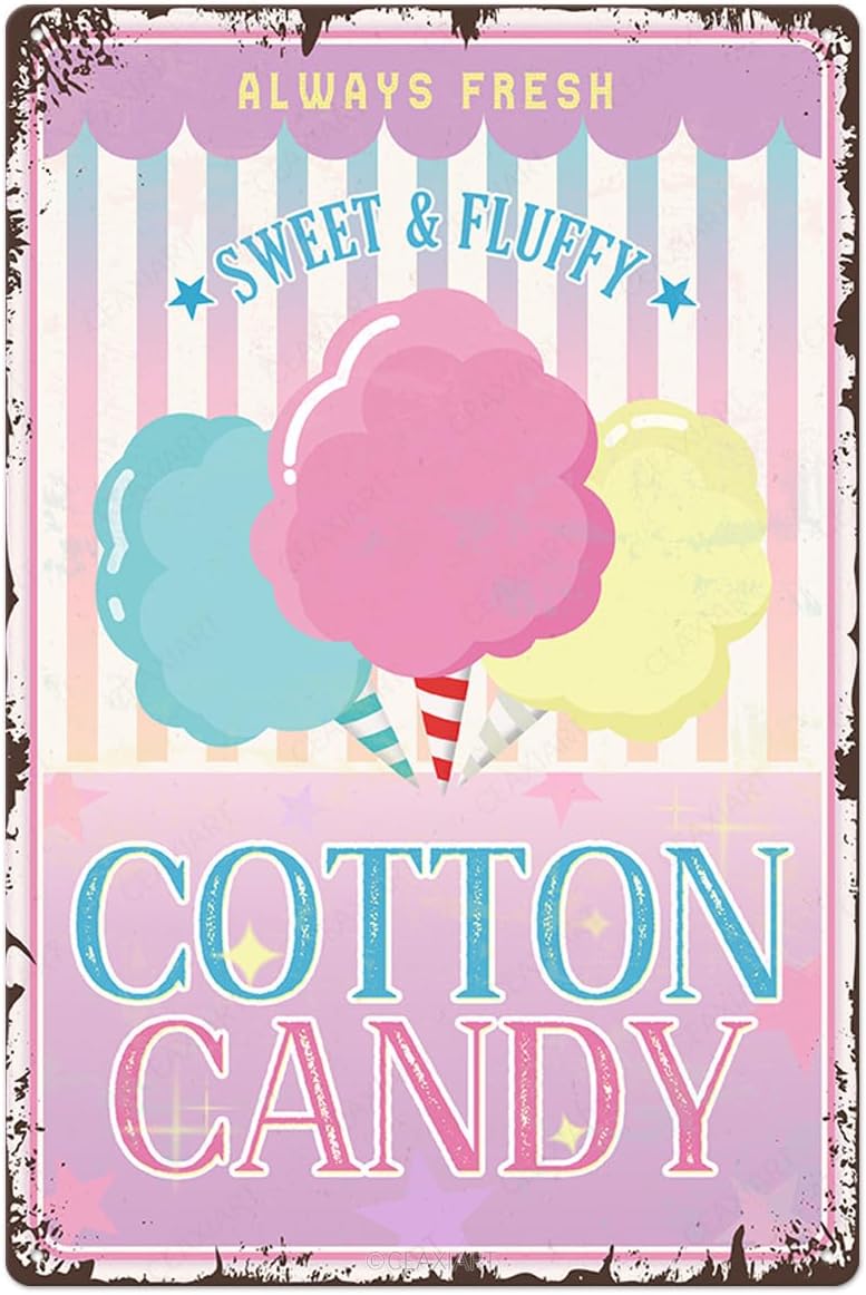 Sweet Fluffy Cotton Candy Metal Tin Sign 12x8 Inch Vintage Decor