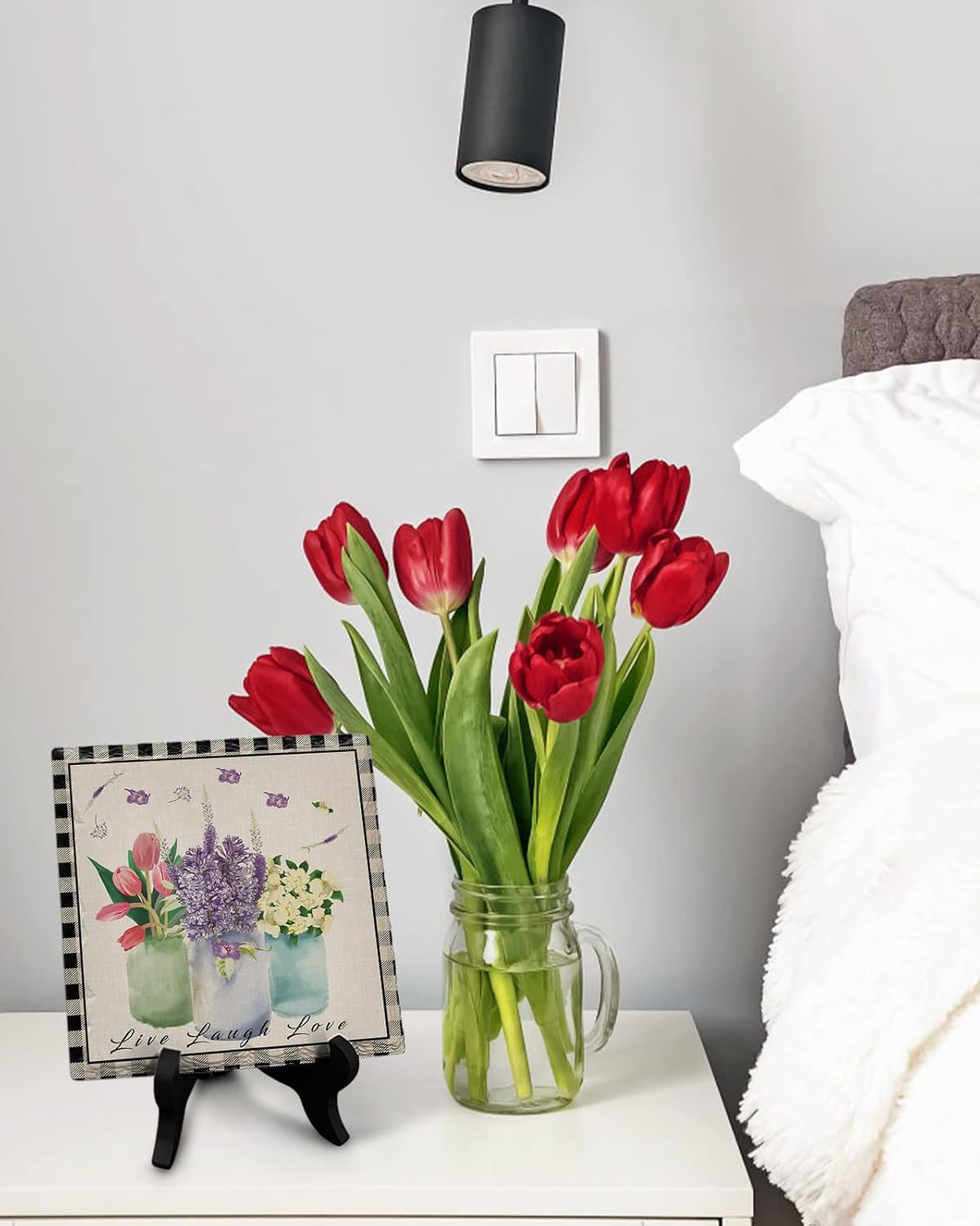 Decorative Table Plaque with Wooden Stand Floral Design Ceramics Desk Sign for Home Office