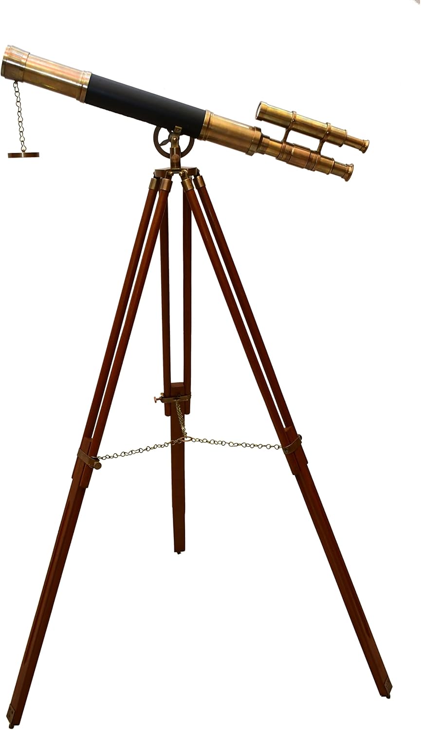 Double Barrel Vintage Nautical Brass Telescope with Wooden Tripod Stand