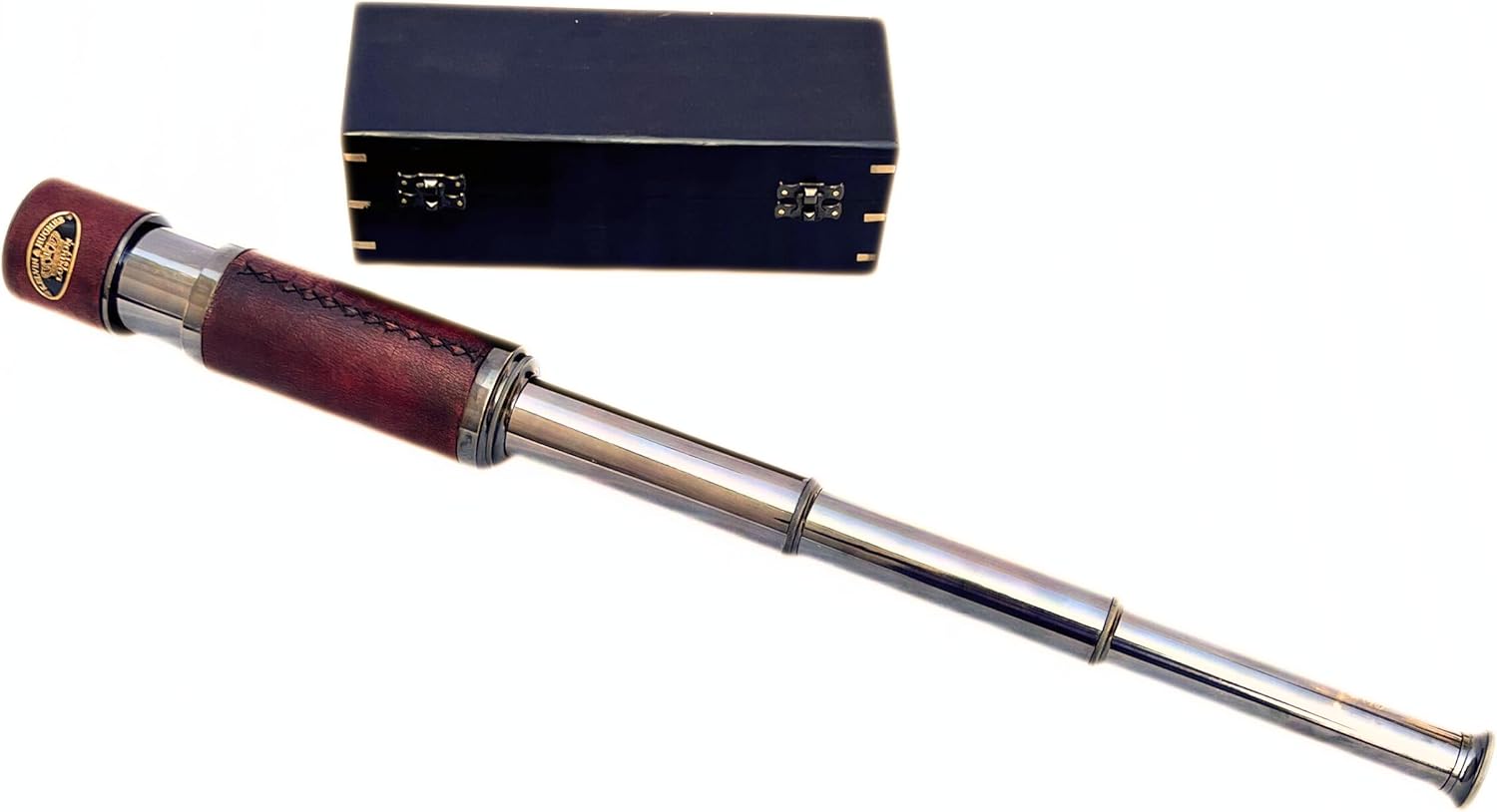 Vintage Brass Spyglass Telescope with Handheld Design and Wooden Box 15x Magnification