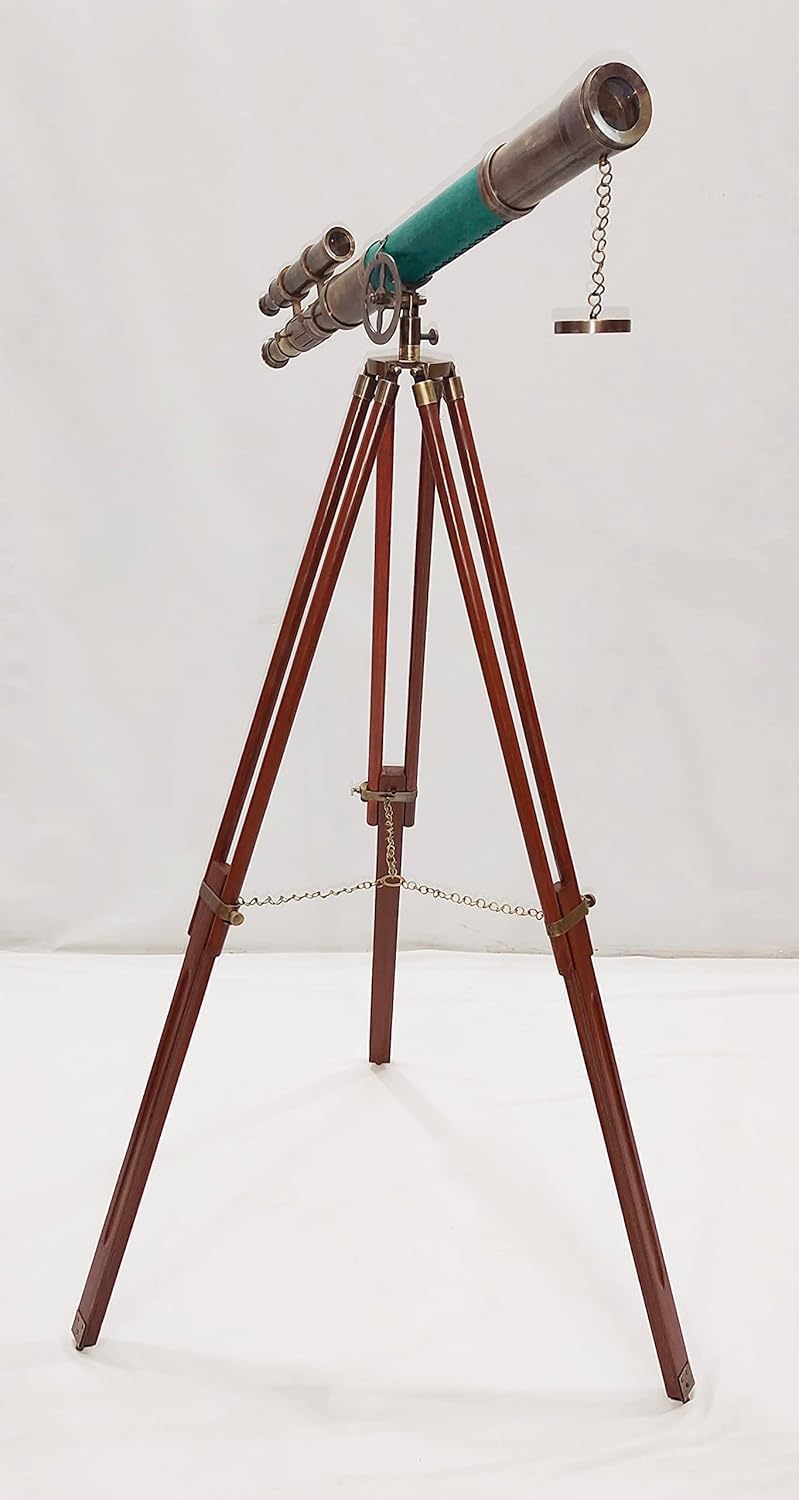 Vintage Brass Telescope with Wooden Base and Green Leather