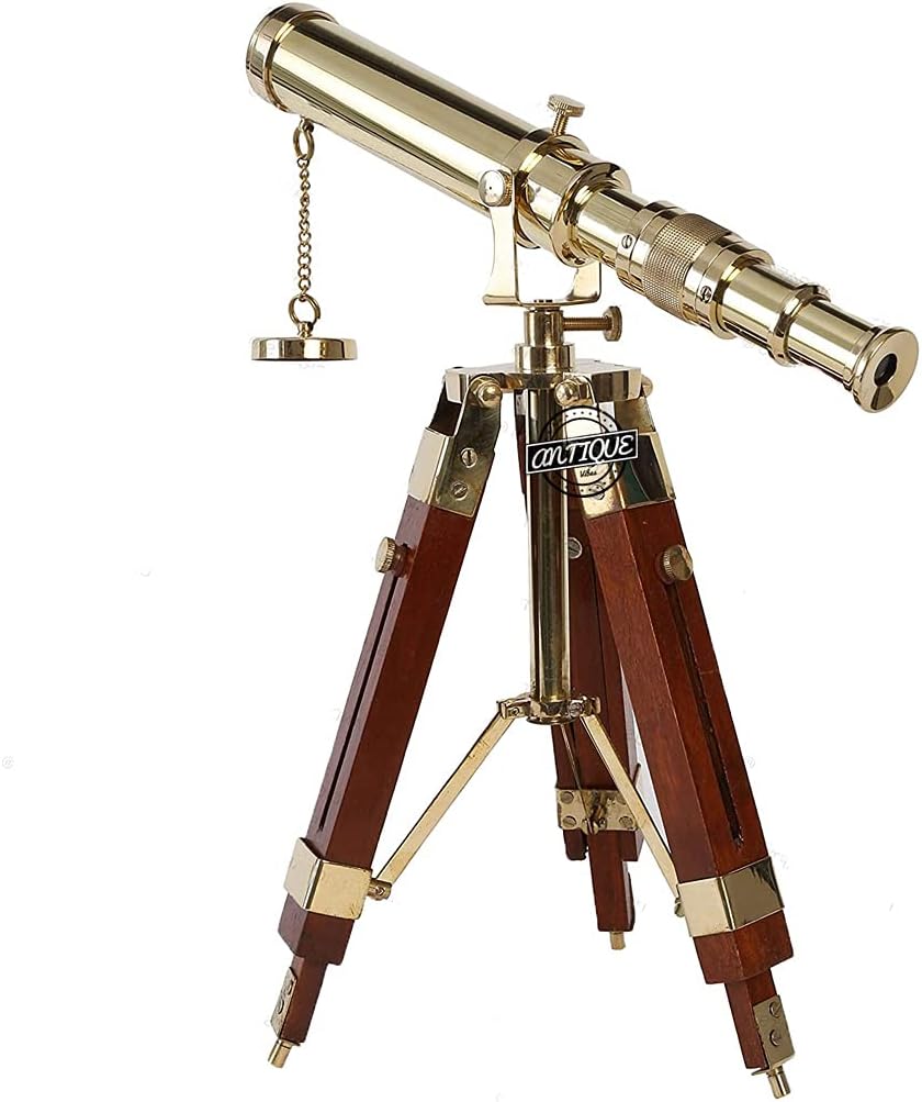 Vintage Marine Shiny Brass Telescope with Brown Wooden Tripod Stand