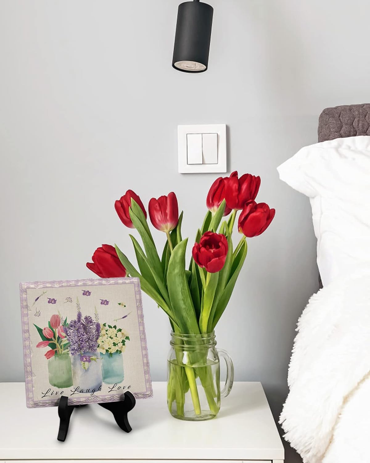 Vintage Plaid Desk Decor with Ceramic Plaque and Wooden Stand