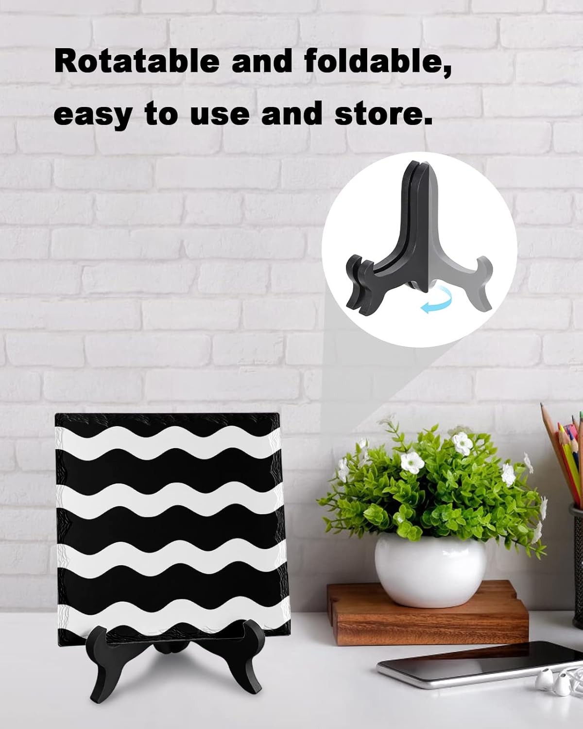 Minimalist Striped Desk Decor with Ceramic Plaque and Wooden Stand