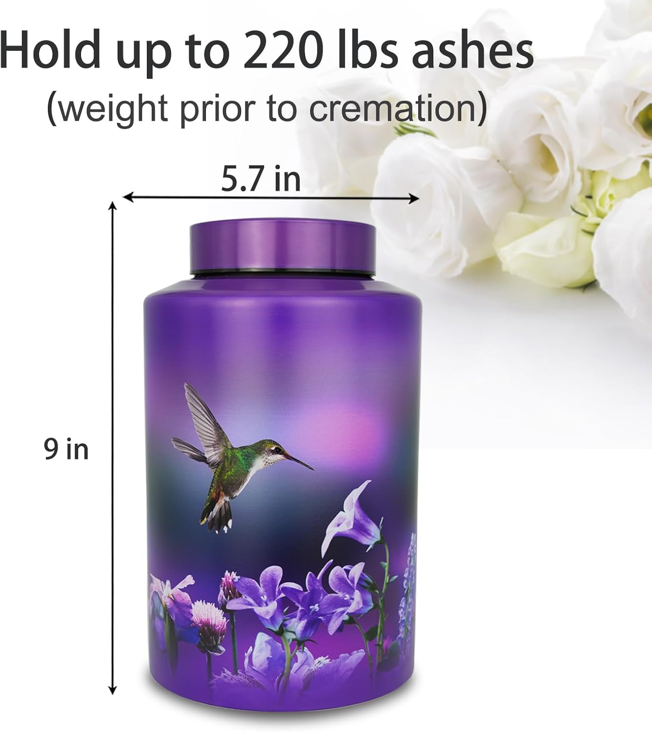 Large Cremation Urns for Human Ashes Hummingbird Decorative Purple Urn with Velvet Bag