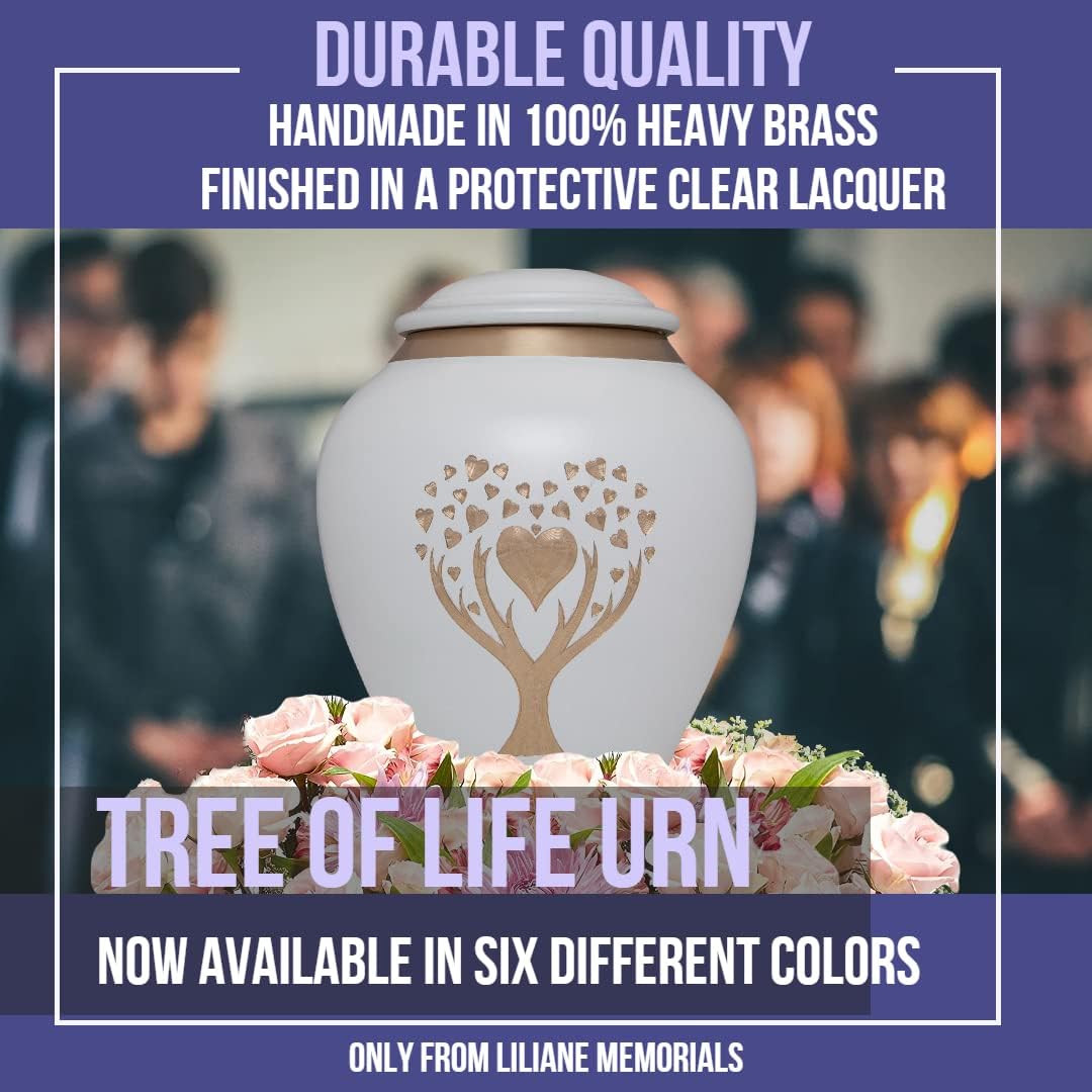 White Cremation Urn with Tree of Life - Large Capacity Brass Urn for Adult Remains