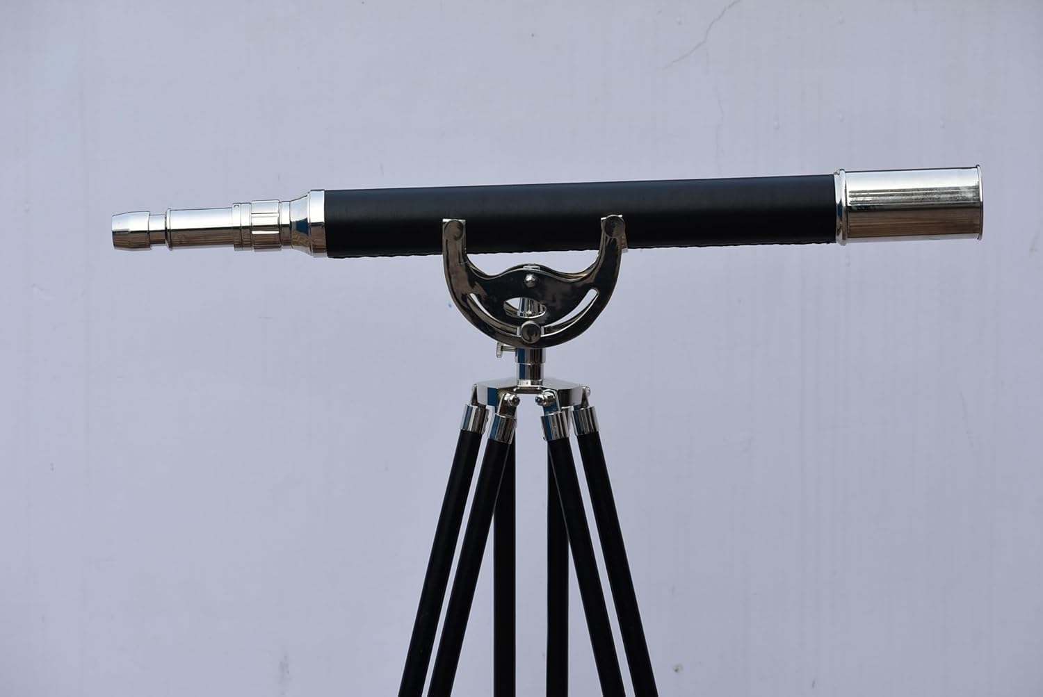 Nickel Black Leather Telescope with Vintage Brass and Wooden Stand