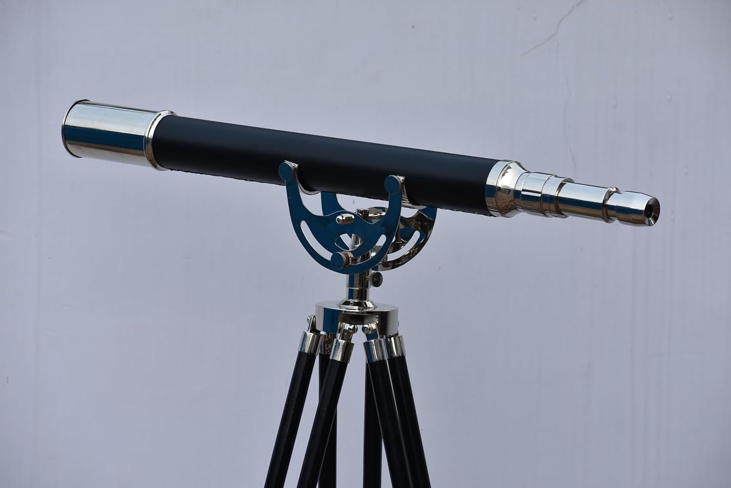 Nickel Black Leather Telescope with Vintage Brass and Wooden Stand