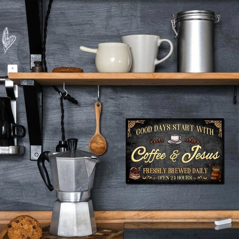 Vintage Metal Plaque Sign - Good Days Start with Coffee Jesus - 8x12 Inch Wall Decor