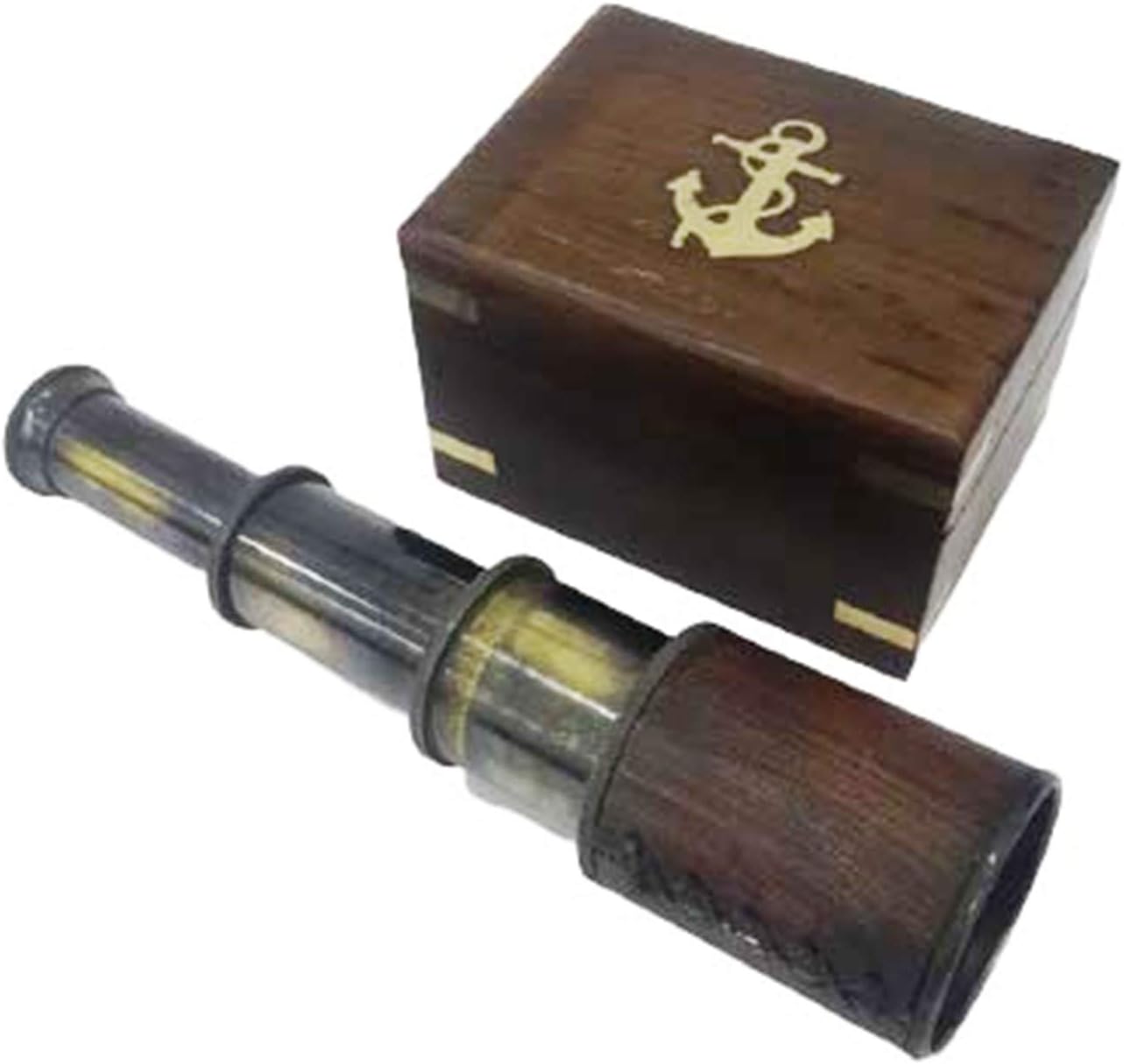Vintage Nautical Folding Telescope with Brown Wooden Box