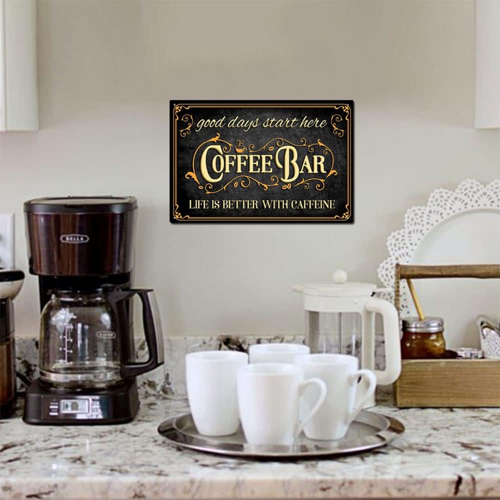 AUCIO Coffee Bar Sign Life is Better with Caffeine Vintage Metal Decor 8 x 12 Inch
