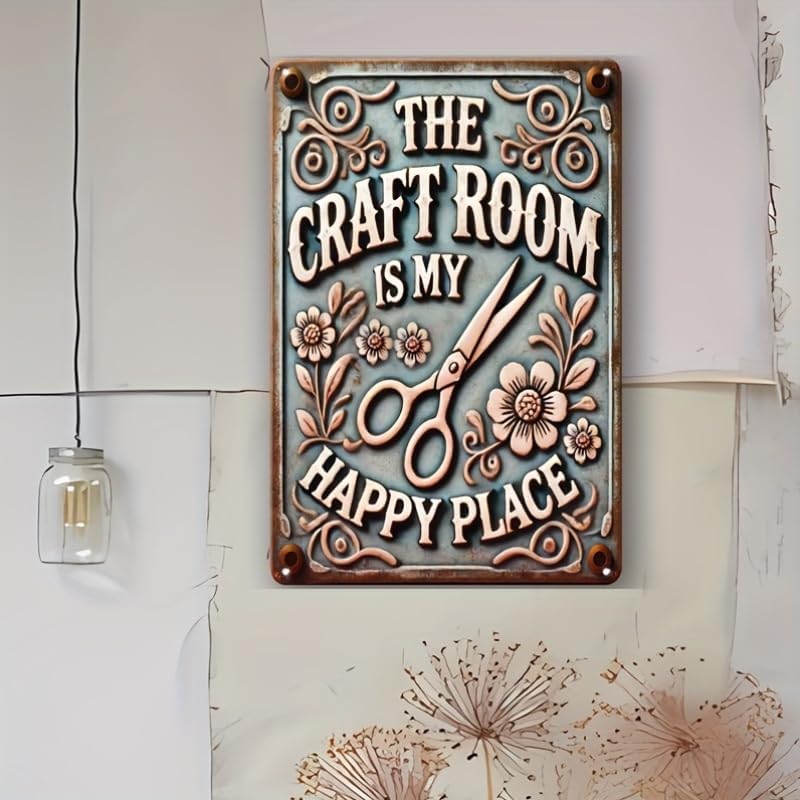 Vintage Craft Room Metal Sign - The Craft Room is My Happy Place 8x12 Inches