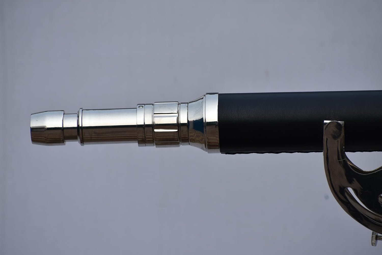 Nickel Black Leather Telescope with Vintage Brass and Wooden Stand