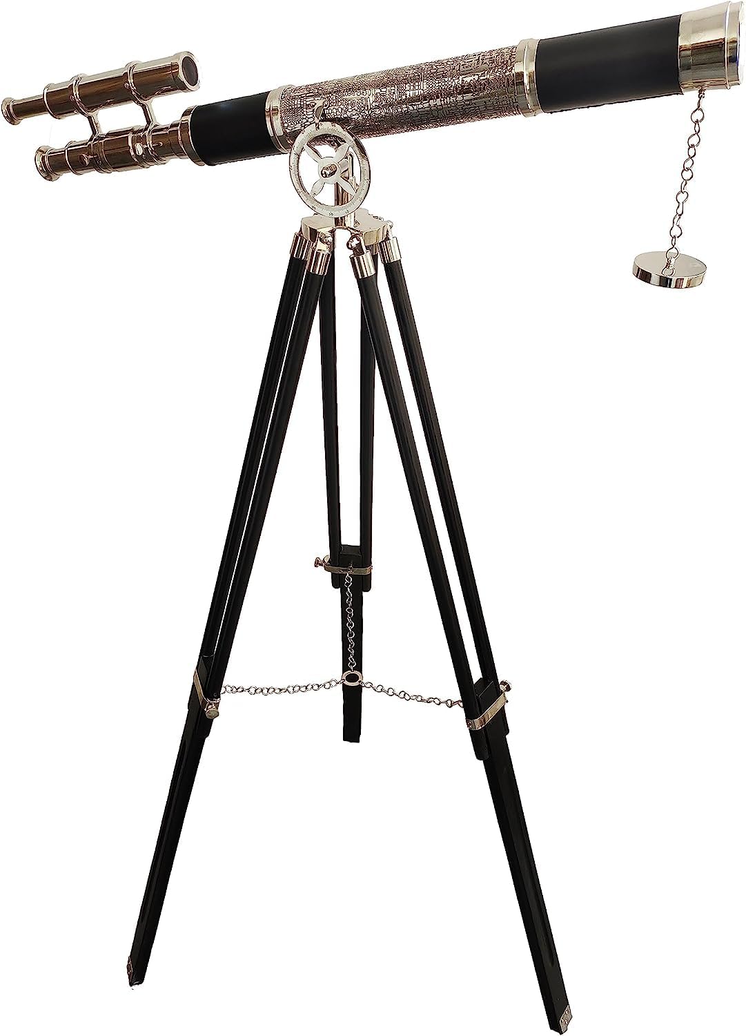 Vintage Look Double Barrel Brass Telescope with Wooden Tripod Stand