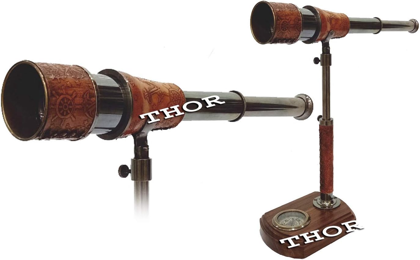 Antique Handmade Telescope with Compass Wooden Base Decorative Home Decor Gift