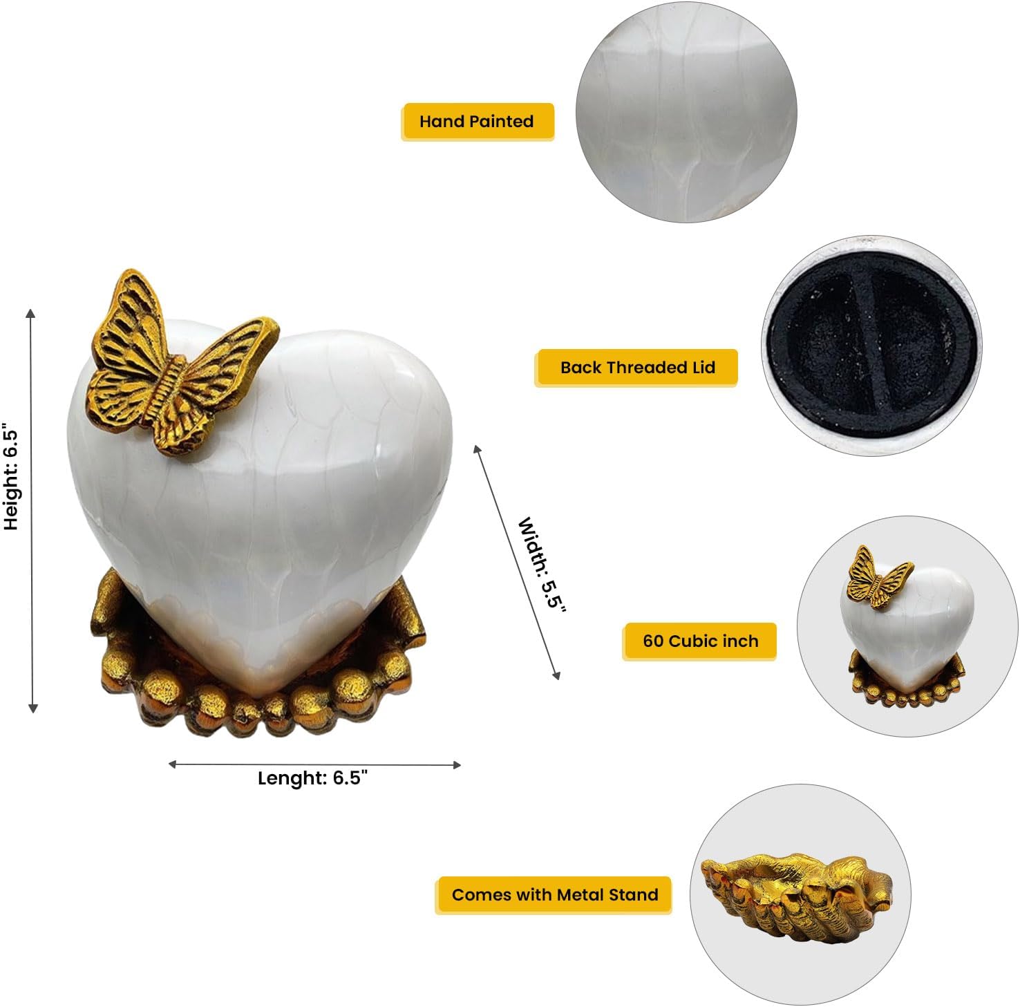 5MOONSUN5 White Gold Heart Keepsake Urn - Large Heart Cremation Urn with Hand Shape Stand