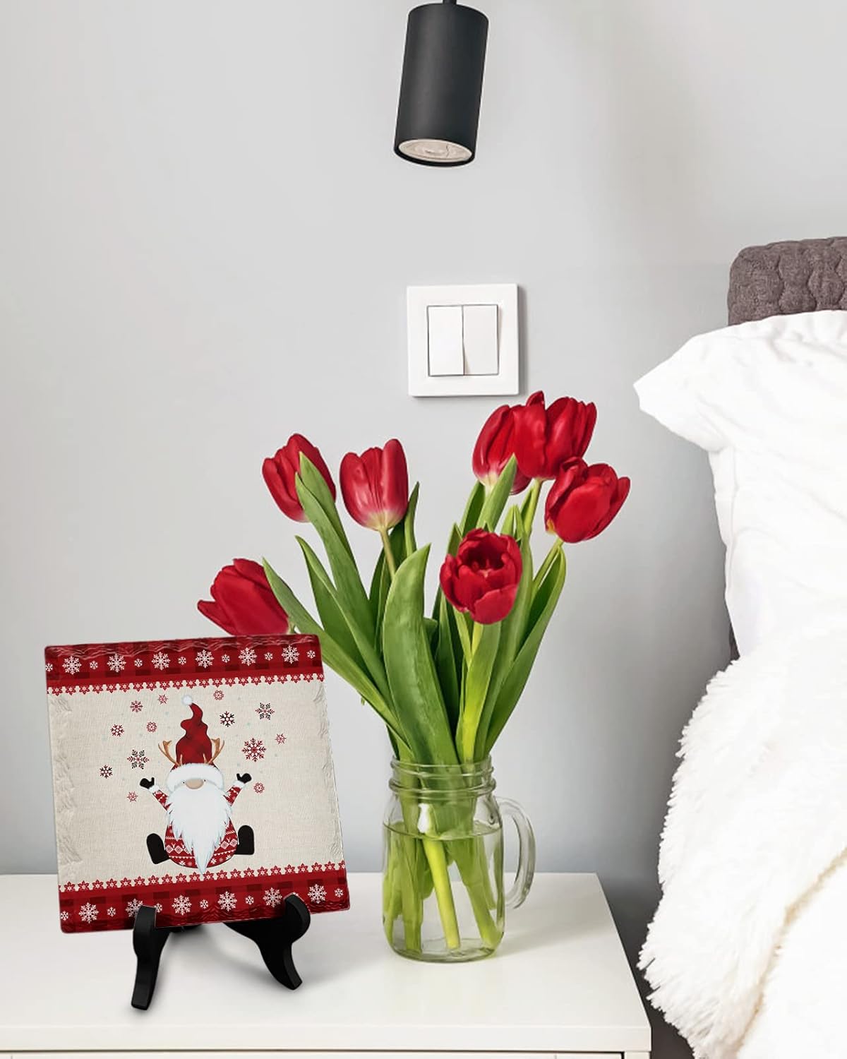 Wooden Stand Desk Plaque with Ceramic Design Christmas Decor for Office and Home