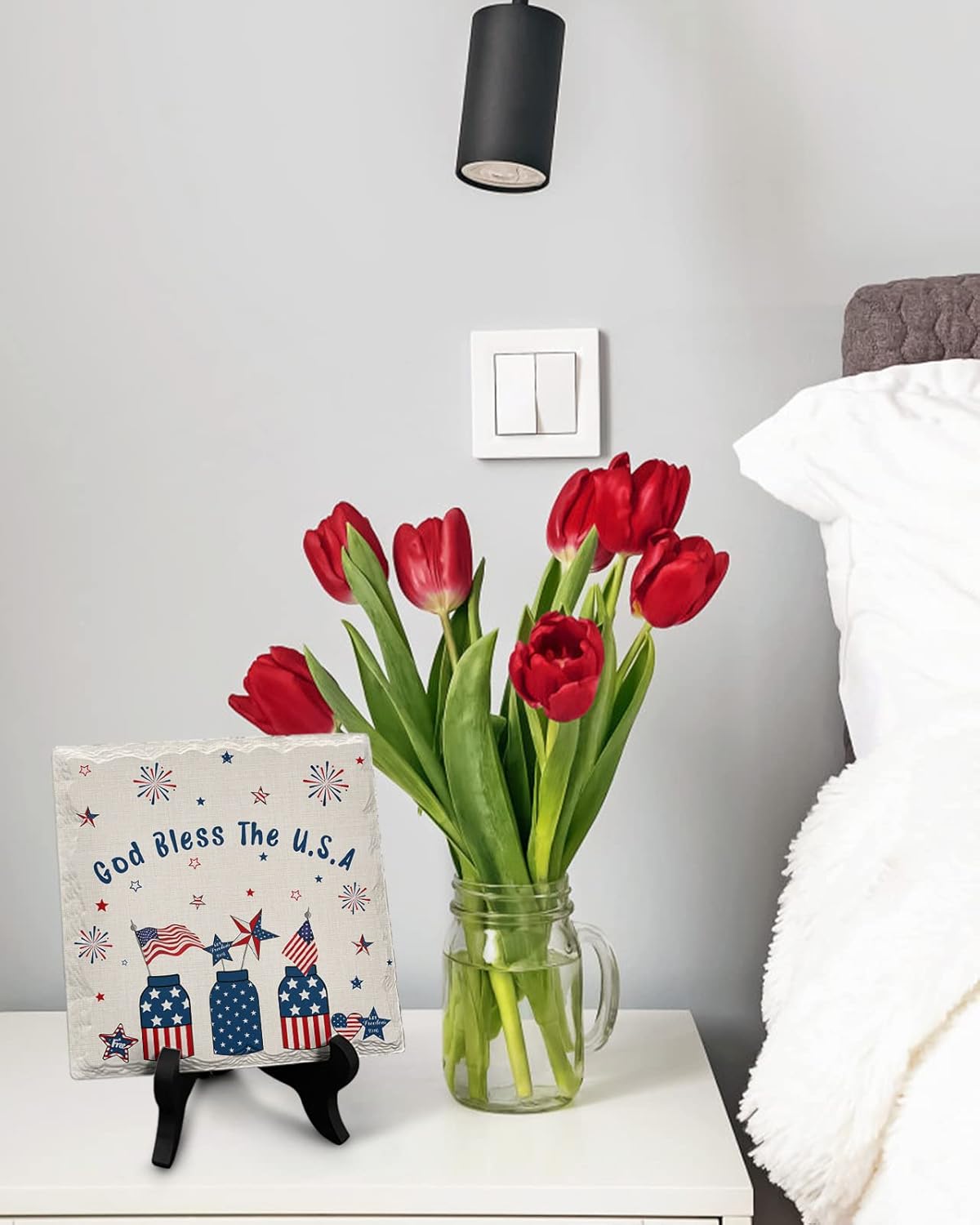 4th of July USA Flag Decorative Desk Plaque with Wooden Stand