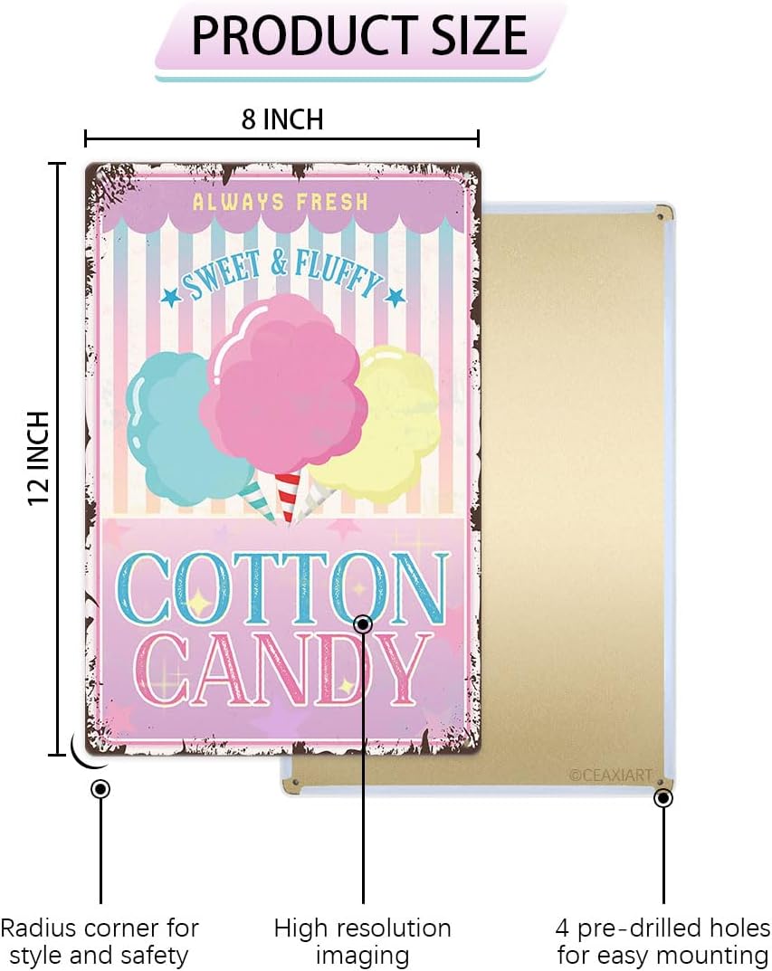 Sweet Fluffy Cotton Candy Metal Tin Sign 12x8 Inch Vintage Decor