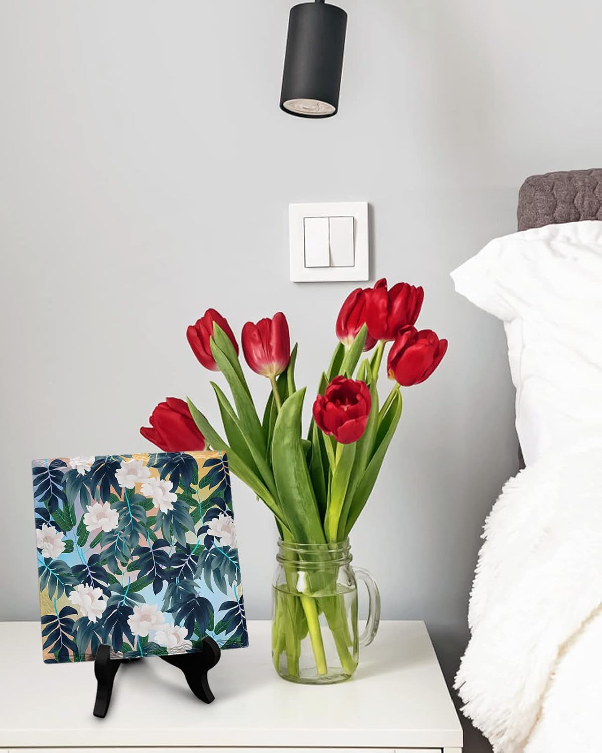 Colorful Leaf Design Desk Decor Ceramics Plaque with Wooden Stand