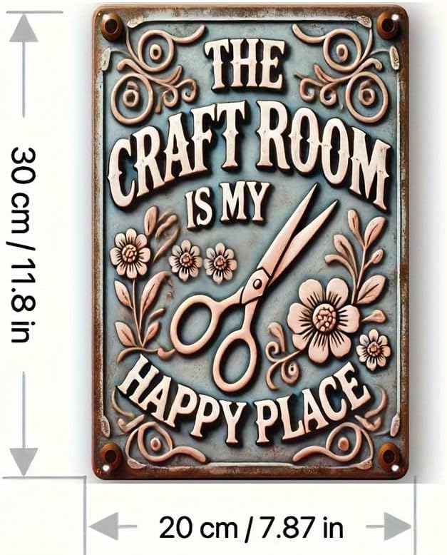 Vintage Craft Room Metal Sign - The Craft Room is My Happy Place 8x12 Inches