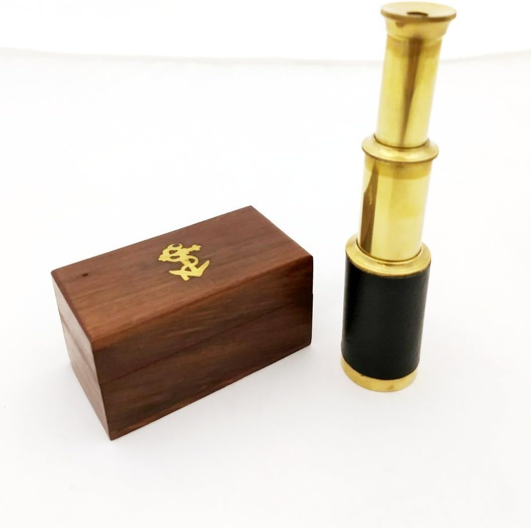Nautical Brass Telescope with Wooden Box Pirate Decor 6 Inch Scope
