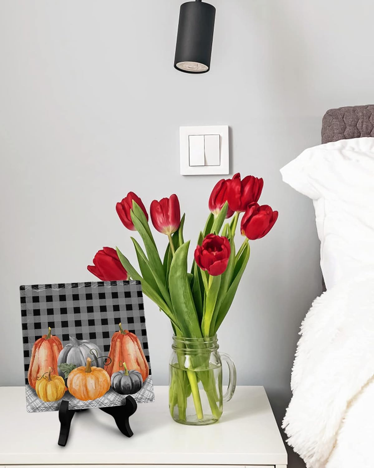 Wooden Stand Desk Decor with Ceramic Plaque Farmhouse Style Autumn Pumpkin Sign