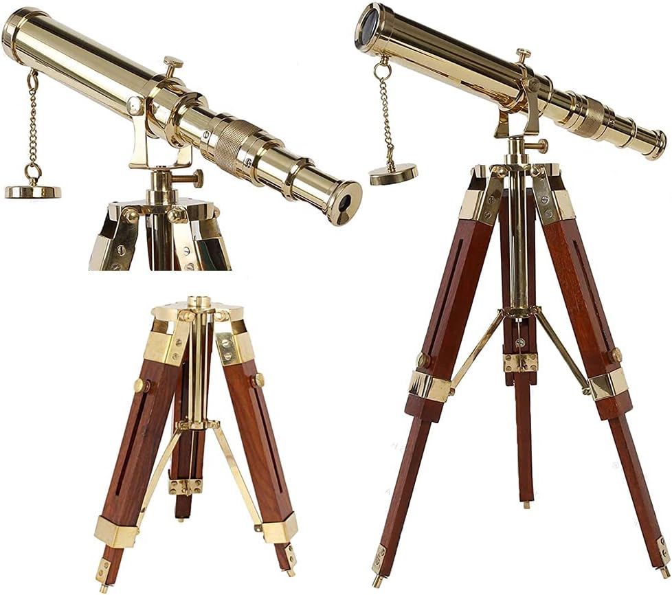 Vintage Marine Shiny Brass Telescope with Brown Wooden Tripod Stand