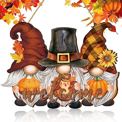 Huwena Fall Welcome Door Sign with Pumpkin Gnome