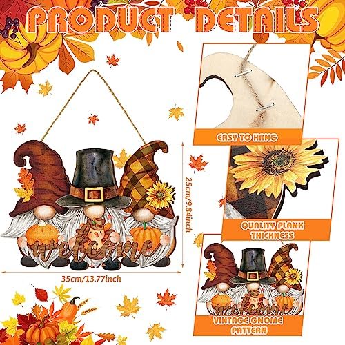 Huwena Fall Welcome Door Sign with Pumpkin Gnome