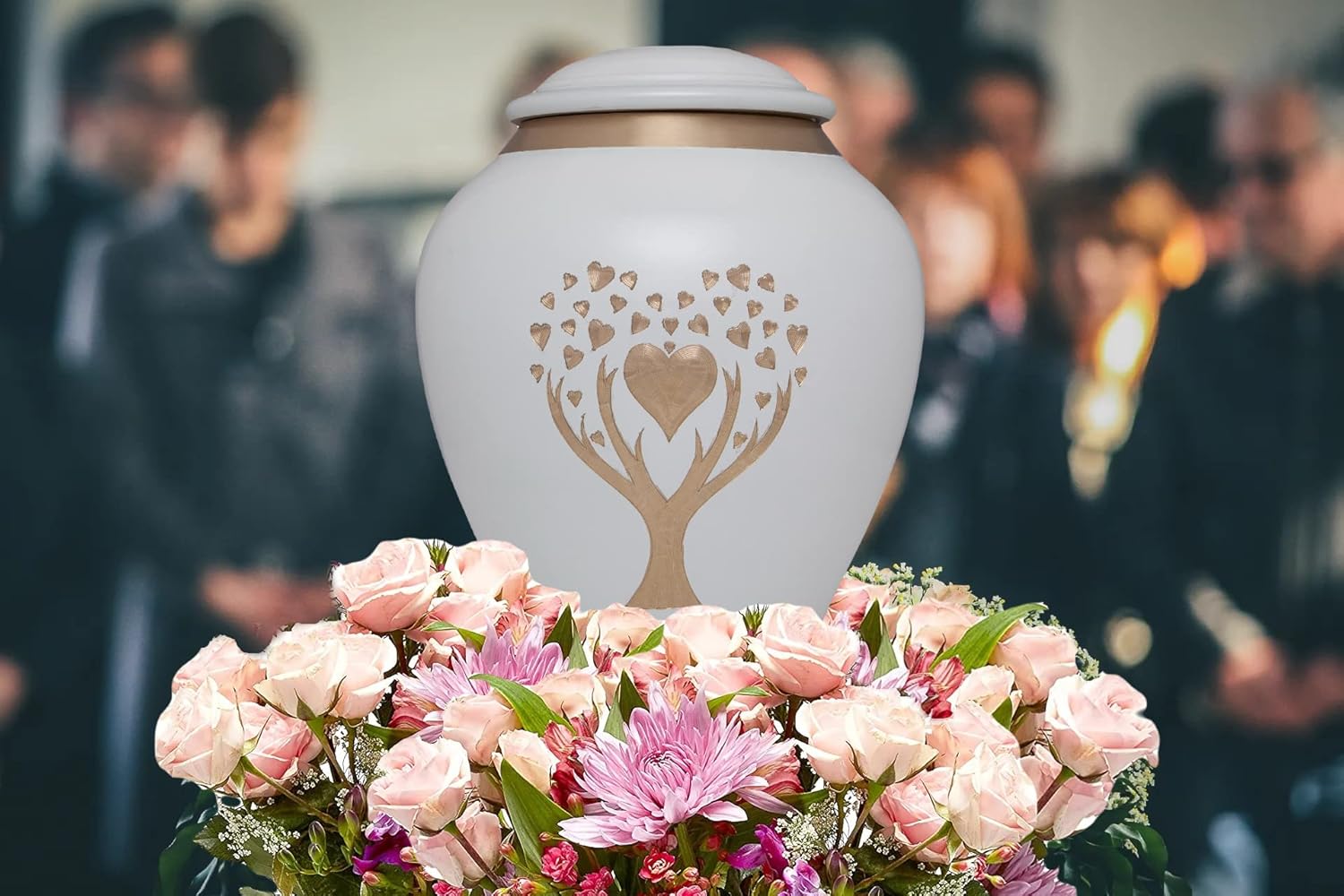 White Cremation Urn with Tree of Life - Large Capacity Brass Urn for Adult Remains