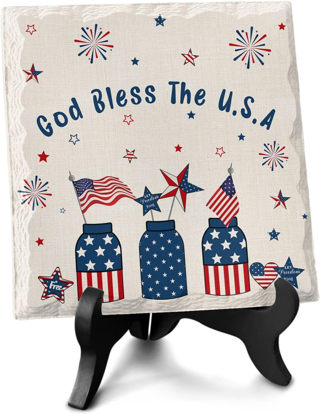 4th of July USA Flag Decorative Desk Plaque with Wooden Stand